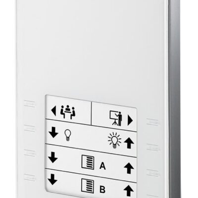 QMX3.P02 – Unidad para la operación de ambiente KNX PL-Link para montaje en superficie. Incorpora sensor de temperatura y botonera táctil.