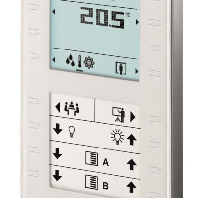 QMX3.P37 – Unidad para la operación de ambiente KNX PL-Link para montaje en superficie. Incorpora sensor de temperatura y botonera táctil.