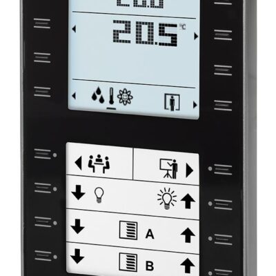 QMX3.P37-1BSC – Unidad para la operación de ambiente KNX PL-Link, montaje en superficie. Incorpora sensor de temperatura y botonera táctil, con frontal negro.