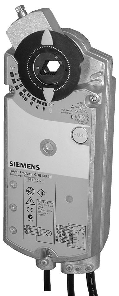 GBB336.1E - Actuador rotativo para compuerta de aire 25 Nm, sin muelle de retorno, mando manual, 3-puntos, alimentación 230 VCA, con 2 contactos auxiliares.