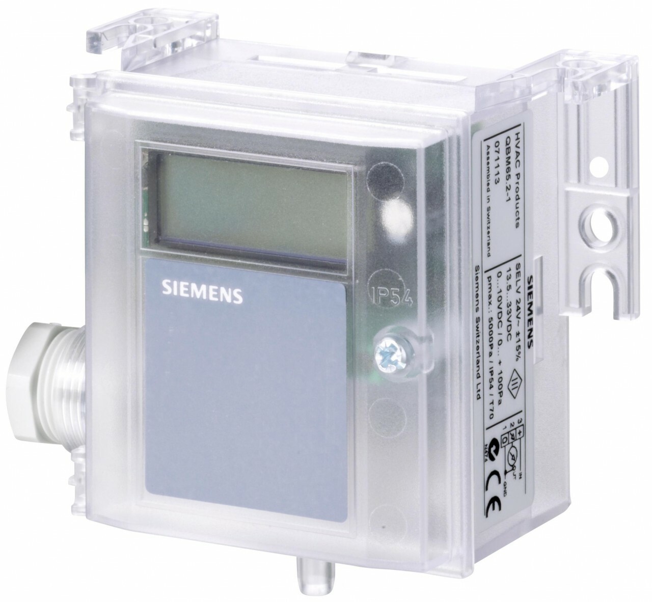 QBM3120-10 - Sensor de precisión de presión diferencial en aire, Alimentación DC 8,,33 V, Rango 0…1000 Pa, Salida 4…20 mA IP54.