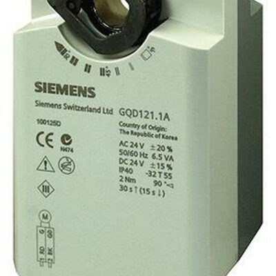 GQD321.1A – Actuador rotativo para compuertas de aire 2 Nm (0,3 m2), con muelle de retorno, mando manual, alimentación 230 VCA, control 2 – 3 puntos.