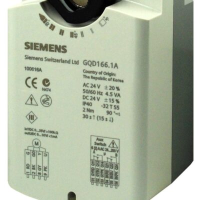 GQD166.1A – Actuador rotativo para compuertas de aire 2 Nm (0,3 m2), con muelle de retorno, mando manual, alimentación 24 VCA/CC, control 0… 10 VCC, con finales de carrera.
