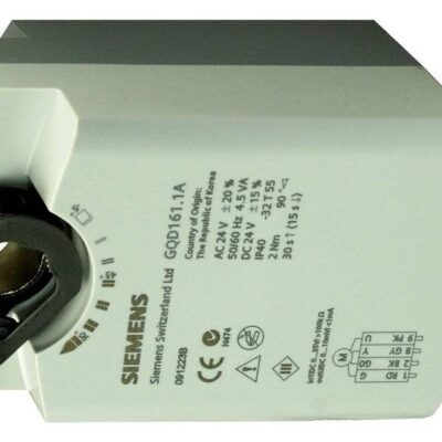 GQD161.1A – Actuador rotativo para compuertas de aire 2 Nm (0,3 m2), con muelle de retorno, mando manual, alimentación 24 VCA/CC, control 0… 10 VCC.