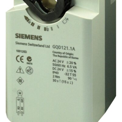 GQD131.1A – Actuador rotativo para compuertas de aire 2 Nm (0,3 m2), con muelle de retorno, mando manual, alimentación 24 VCA/CC, control 2 – 3 puntos.