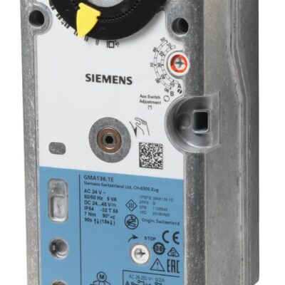 GMA136.1E – Actuador rotativo para compuertas de aire 7 Nm (1,5 m2), con muelle de retorno, mando manual, alimentación 24 VCA/CC, control 3 puntos, con finales de carrera.