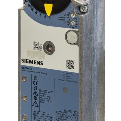 GBB166.1E – Actuador rotativo compuerta 25 Nm, sin muelle de retorno, con mando manual, cable 0,9 m, protección IP54, control 0…10 V CC, 24 V CA/CC contactos auxiliares.