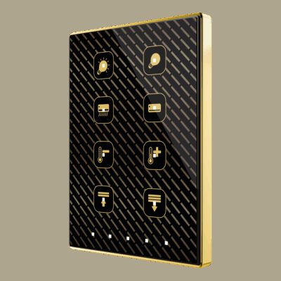 ZVI-TMDP8-G – Pulsador capacitivo Touch-MyDesign de 8 botones con termostato. Marco dorado – Personalizado.