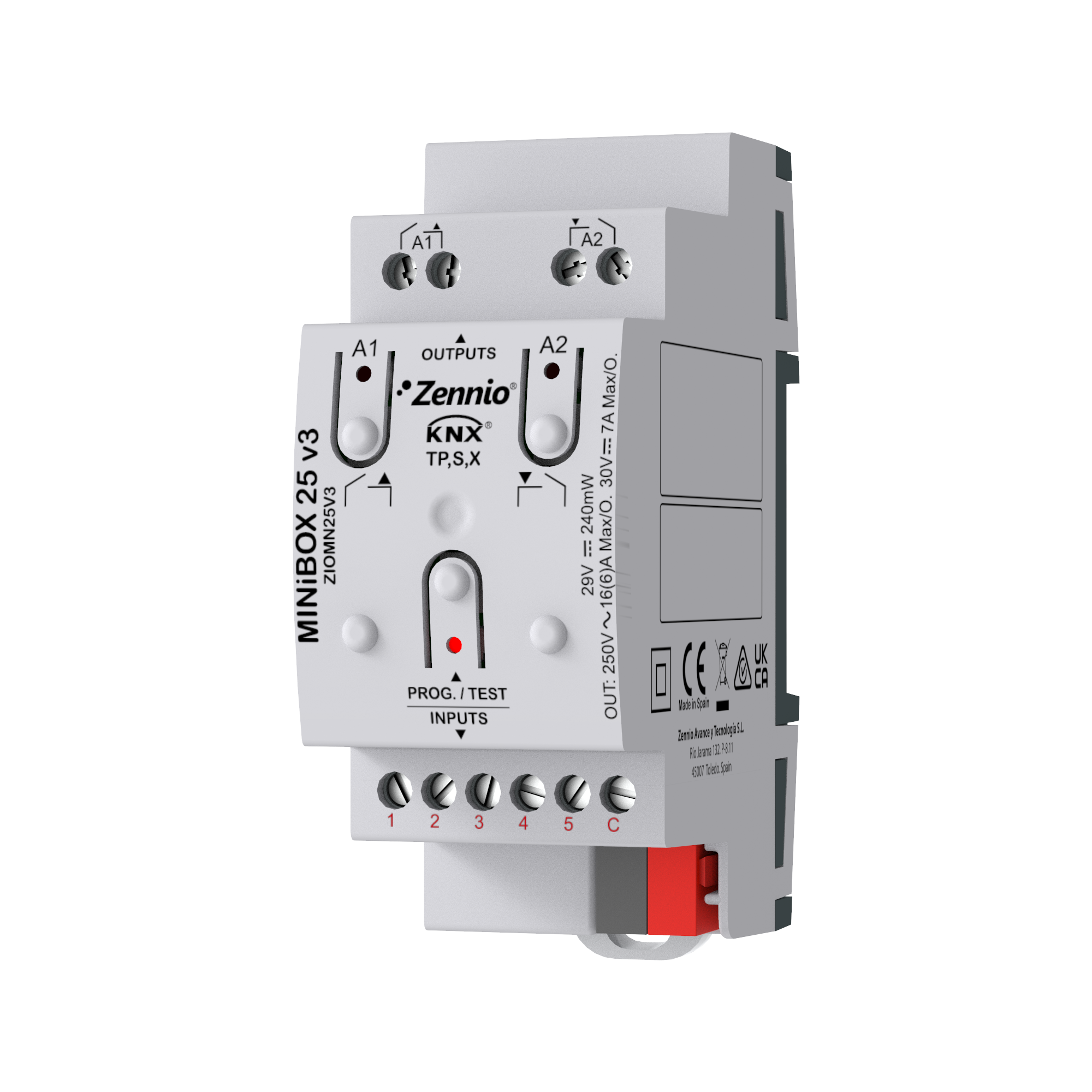 MINiBOX 25 v3. Actuador multifunción con KNX Secure - 2 salidas 16A / 5 entradas A/D.