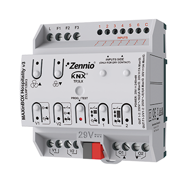 MAXinBOX Hospitality v3. Controlador fan coil 2/4 tubos con 2 salidas 16A C-load y 6 entradas a/d con KNX Secure.
