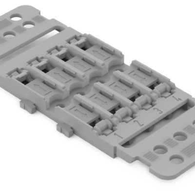 221-2504 – Adaptador de fijación con placa anti tirón; 4 polos; para borna de conexión en línea con palanca; para fijación por tornillo; gris