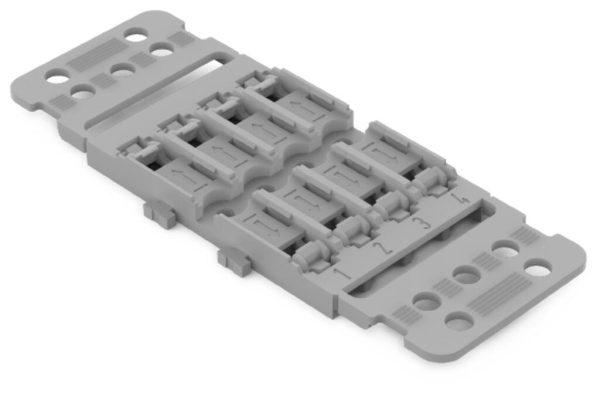 221-2504 - Adaptador de fijación con placa anti tirón; 4 polos; para borna de conexión en línea con palanca; para fijación por tornillo; gris