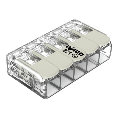 221-685 – Borna de conexión con palancas; para cualquier tipo de conductor; para aplicaciones en zonas Ex; máx. 6mm²; 5 conductores; Carcasa transparente; Temperatura de servicio (máx.): 105 °C; 6,00 mm²; transparente.