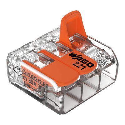 221-613 – Borna de conexión con palancas; para cualquier tipo de conductor; máx. 6mm²; 3 conductores; Carcasa transparente; Temperatura ambiente máxima 85°C (T85); 6,00 mm²; transparente