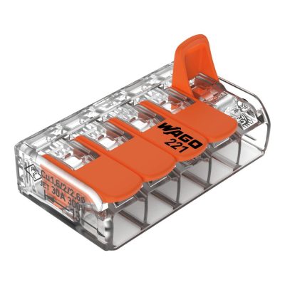 221-615 – Borna de conexión con palancas; para cualquier tipo de conductor; máx. 6mm²; 5 conductores; Carcasa transparente; Temperatura ambiente máxima 85°C (T85); 6,00 mm²; transparente.