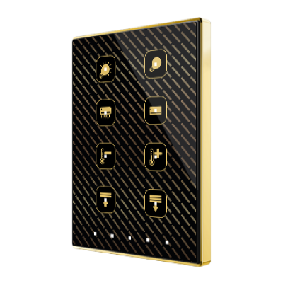 ZVI-TMDP8-G – Pulsador capacitivo Touch-MyDesign de 8 botones con termostato. Marco dorado – Personalizado.