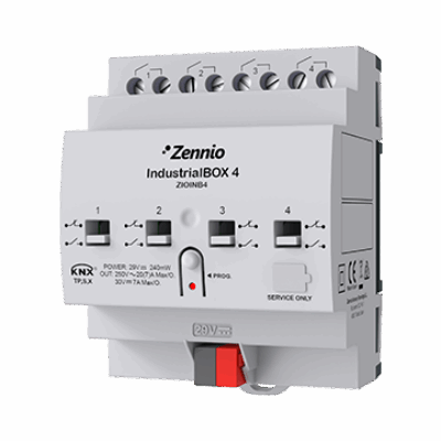 IndustrialBOX 4. Actuador industrial con 4 salidas (20 A – 200 µF), control manual mecánico y KNX Secure.