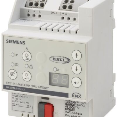 N 141/32 – Pasarela KNX-DALI N 141/32, DALI-2, hasta 128 ECG, RGB(W) DT8, sensores DALI-2 (presencia y luminosidad). Ethernet RJ45. Botonera y Display frontal.