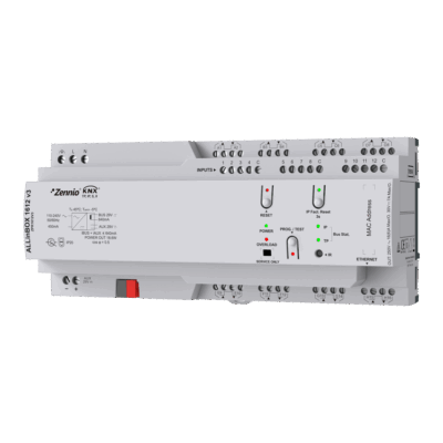 ZPR1612V3 – ALLinBOX 1612 v3. Dispositivo multifunción con fuente de alimentación KNX, interfaz KNX-IP, 16 salidas/12 entradas y módulo lógico.