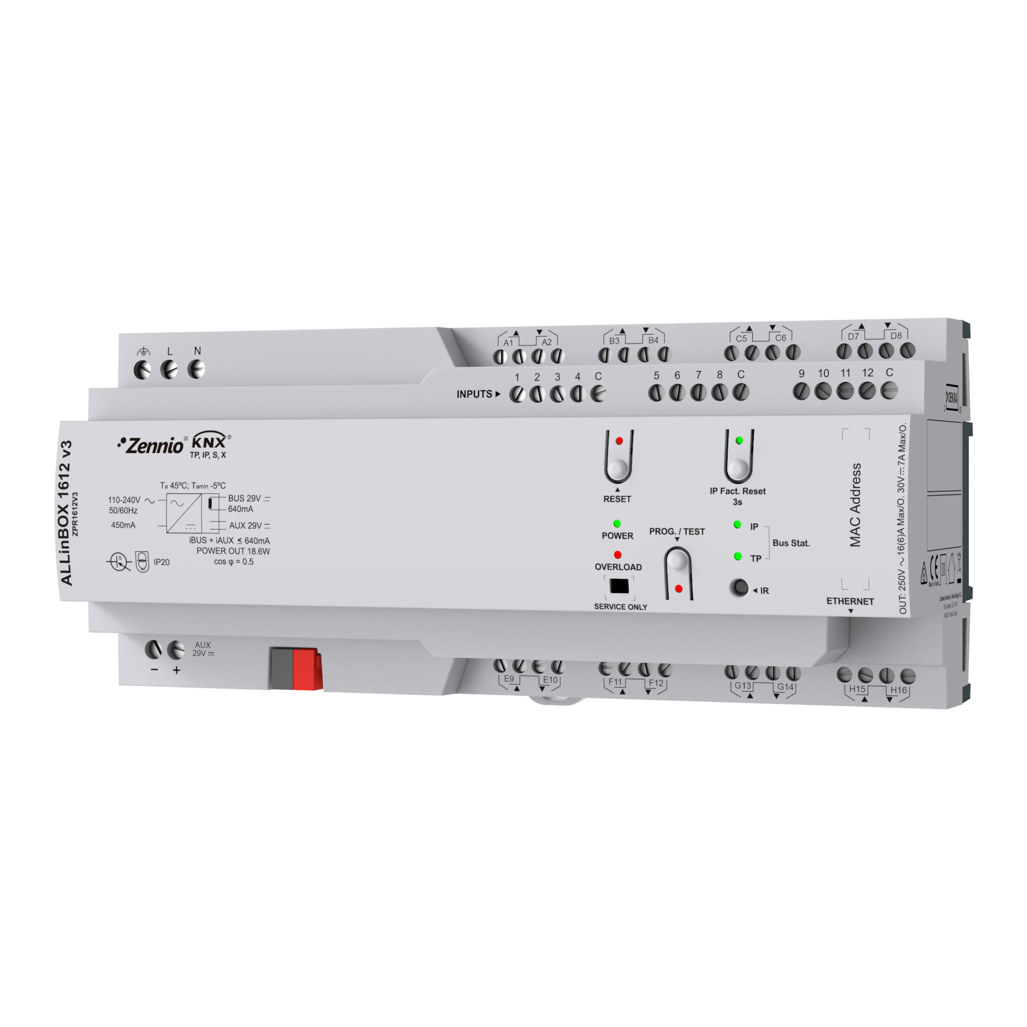 ZPR1612V3 - ALLinBOX 1612 v3. Dispositivo multifunción con fuente de alimentación KNX, interfaz KNX-IP, 16 salidas/12 entradas y módulo lógico.