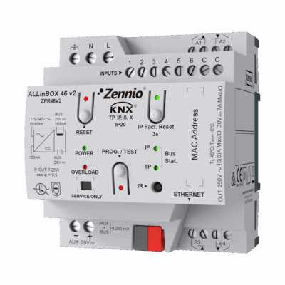 ZPR46V2 – ALLinBOX 46 v2. Dispositivo multifunción con fuente de alimentación KNX, interfaz KNX-IP, 4 salidas/6 entradas y módulo lógico.