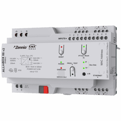 ZPR88V2 – ALLinBOX 88 v2. Dispositivo multifunción con fuente de alimentación KNX, interfaz KNX-IP, 8 salidas/8 entradas y módulo lógico.