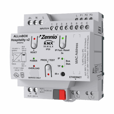 ZPRHPV2 – ALLinBOX Hospitality v2. Dispositivo multifunción con fuente de alimentación KNX, interfaz KNX-IP, controlador fan coil 2 tubos y 6 entradas a/d.